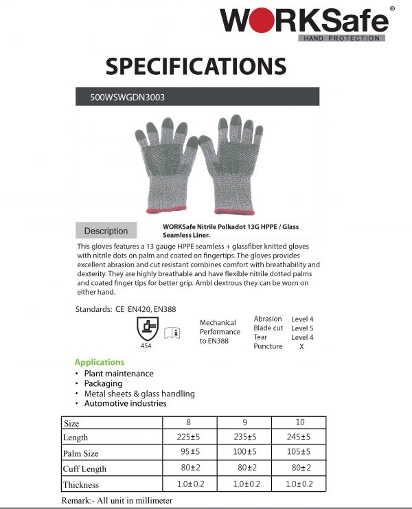 WORKSafe® HPPE/FIBERGLASS/NITRILE CUT-RESISTANT GLOVES - Prima Dinamik Supplies Sdn Bhd (PDS Safety)