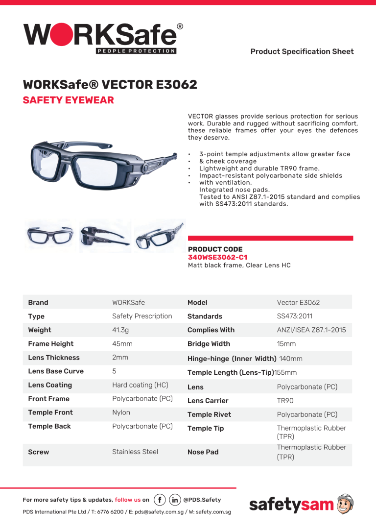 Worksafe Racer WORKSAFE E3062-C1 VECTOR SAFETY PRESCRIPTION GLASSES, MATT BLACK FRAME ...