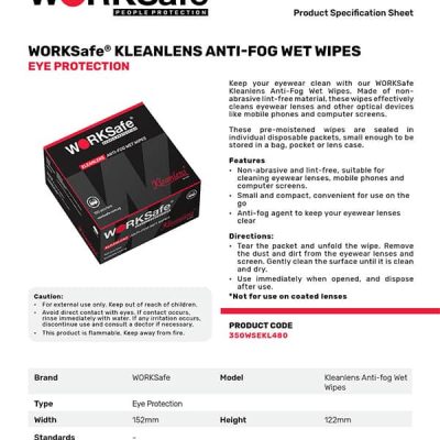 WORKSafe® KLEANLENS ANTI-FOG WET WIPES EYE PROTECTION