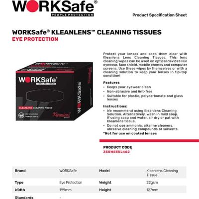 WORKSafe® KLEANLENS™ CLEANING TISSUES EYE PROTECTION