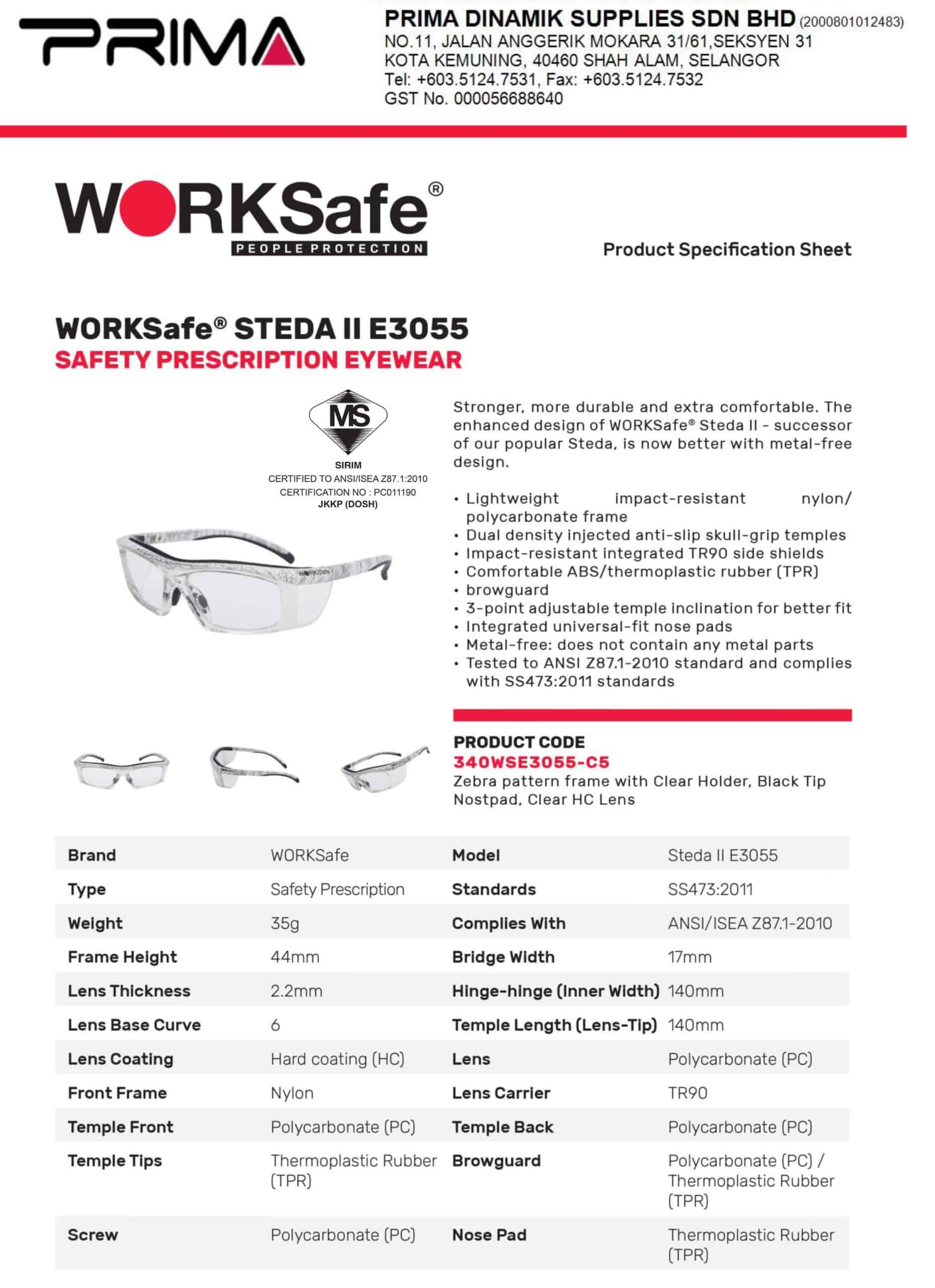 WORKSafe E3055-C5 STEDA II, CARBON FIBRE PATTERN FRAME WITH CLEAR HOLDER, BLACK TIP NOSEPAD, CLEAR HC LENS