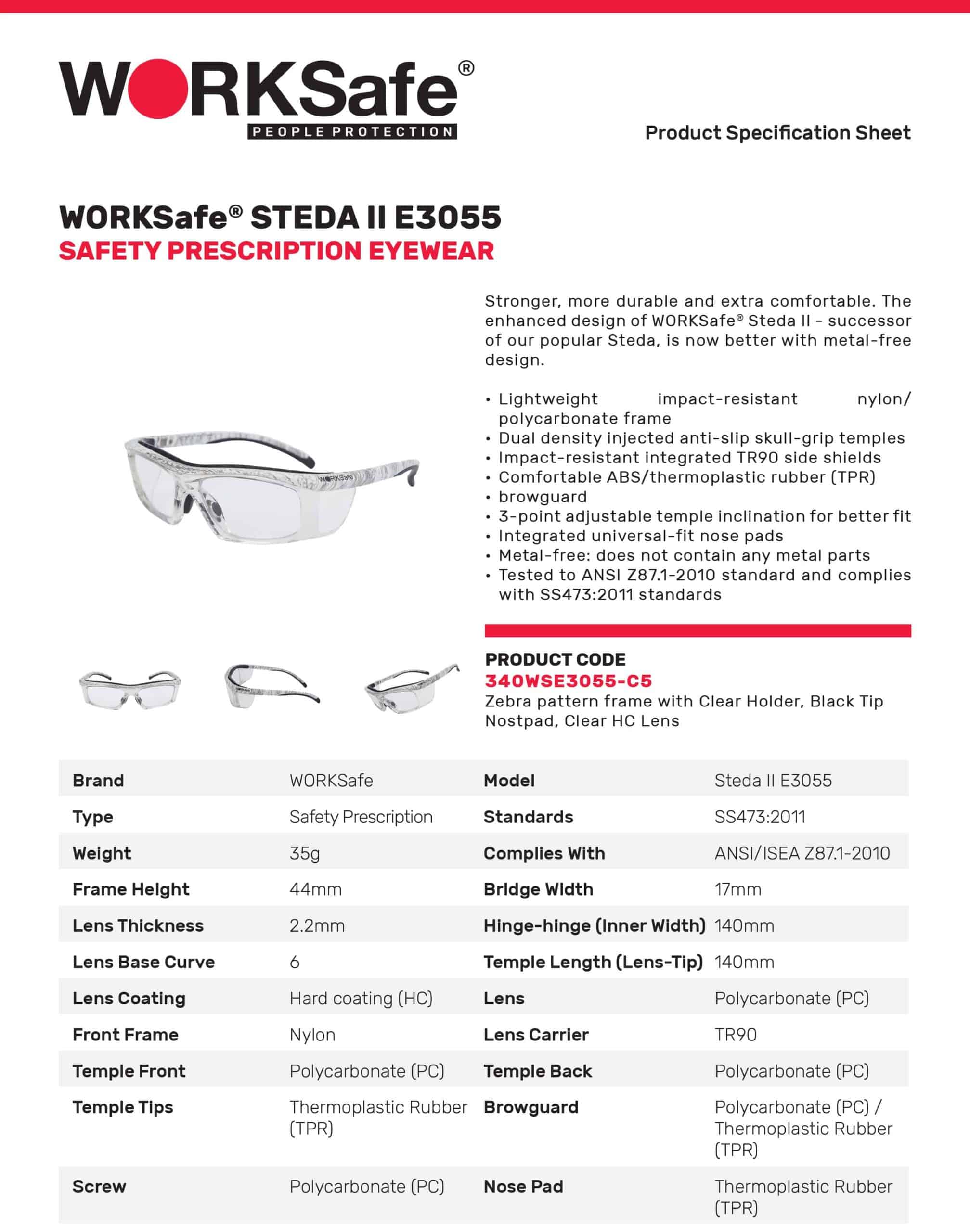 WORKSafe E3055-C5 STEDA II, CARBON FIBRE PATTERN FRAME WITH CLEAR HOLDER, BLACK TIP NOSEPAD, CLEAR HC LENS