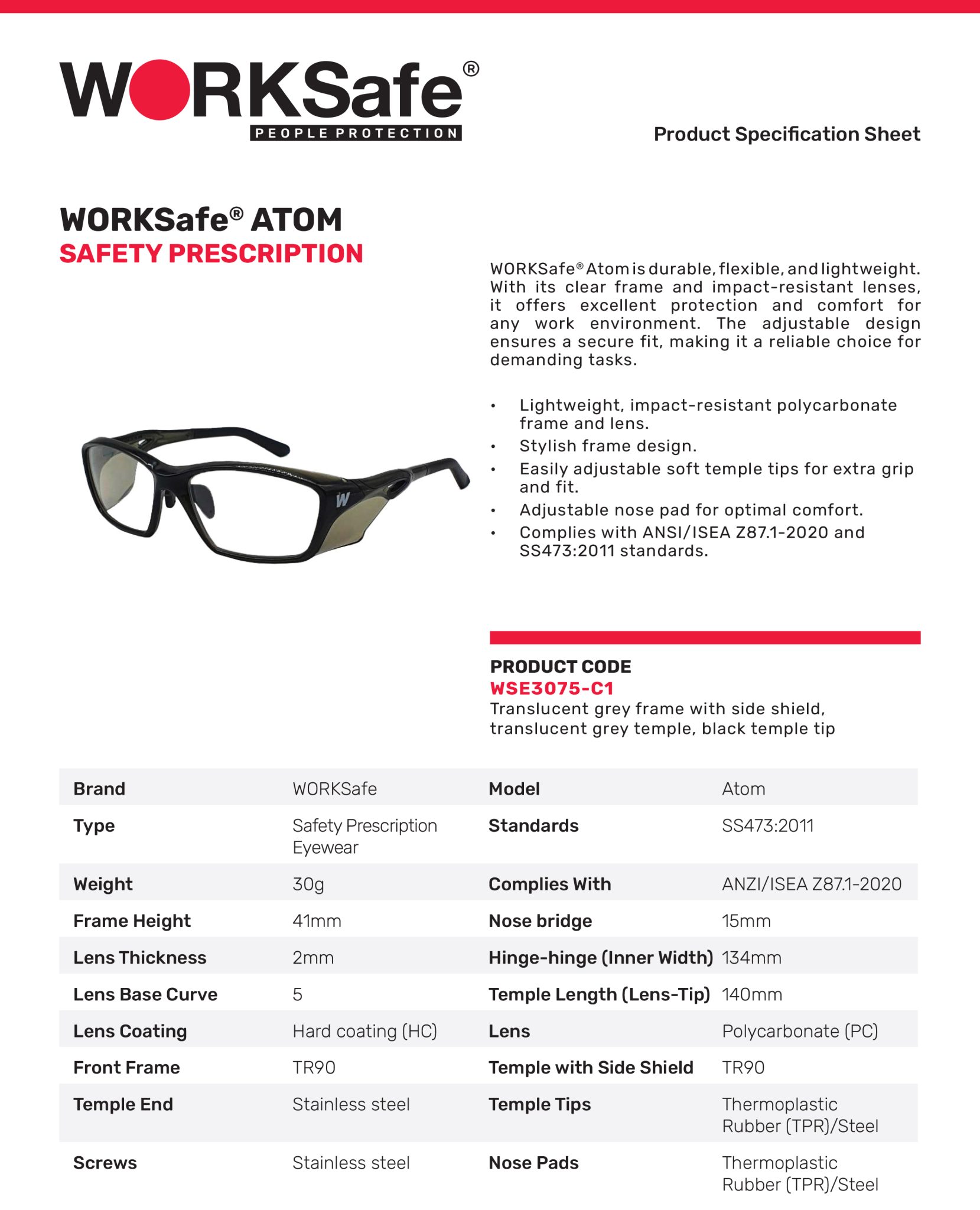 Worksafe Racer SRX WORKSAFE ATOM, CLEAR FRAME W SIDE SHIELD, CLEAR TEMPLE, GREY TEMPLE ...